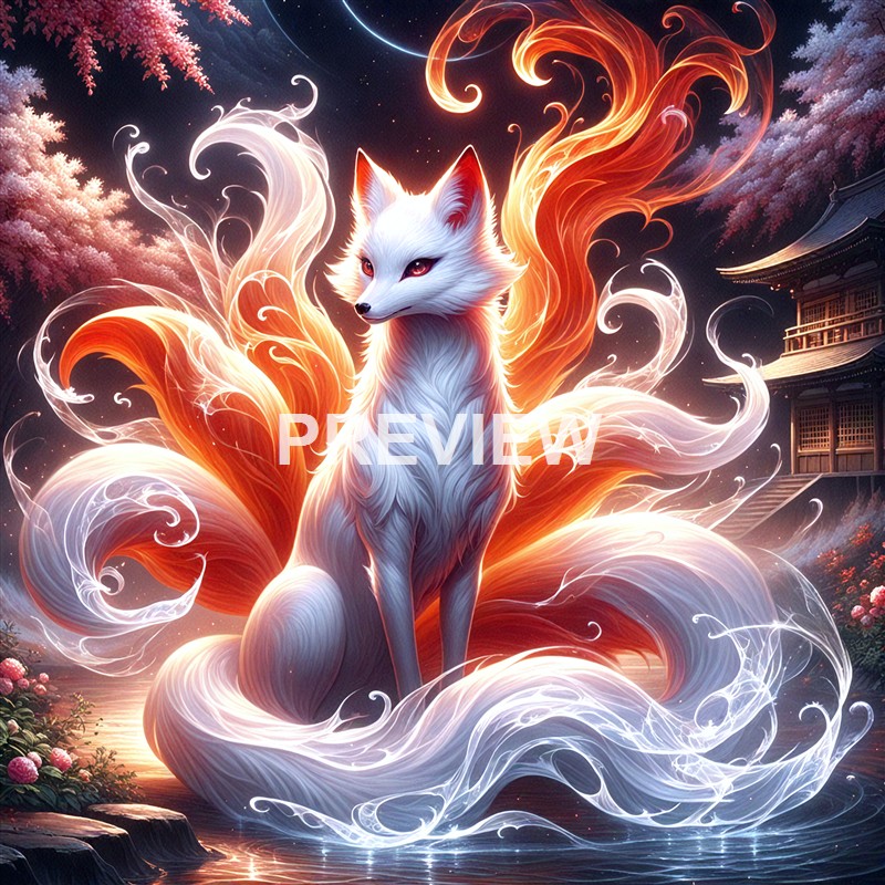A mystical white fox with piercing eyes is sitting amidst swirling flames and wisps of energy, set against a backdrop of pink cherry blossom trees and traditional Japanese architecture under a starry sky.